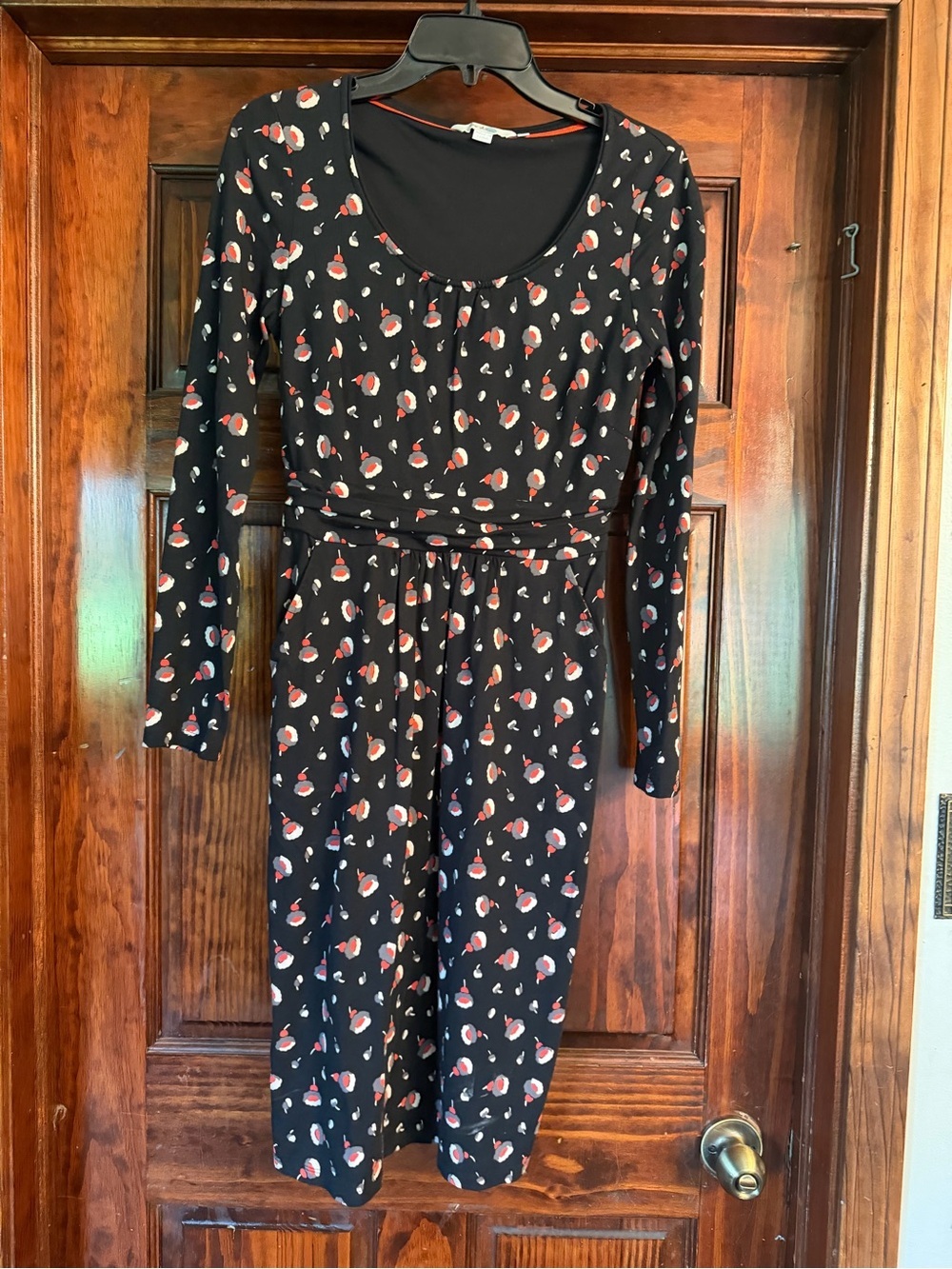 Boden Black Long-Sleeve Floral Midi Dress with Red and Cream Accents